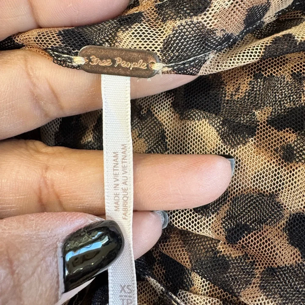 Free People Leopard Mesh Smocked Top | Size XS | Sheer Puff Sleeve Blouse - Picture 8 of 9